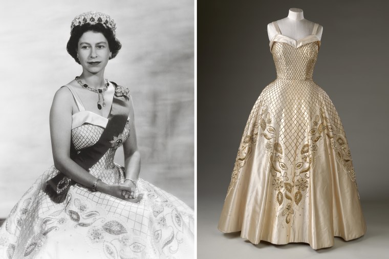 Queen Elizabeth II in and her Norman Hartnell evening gown.