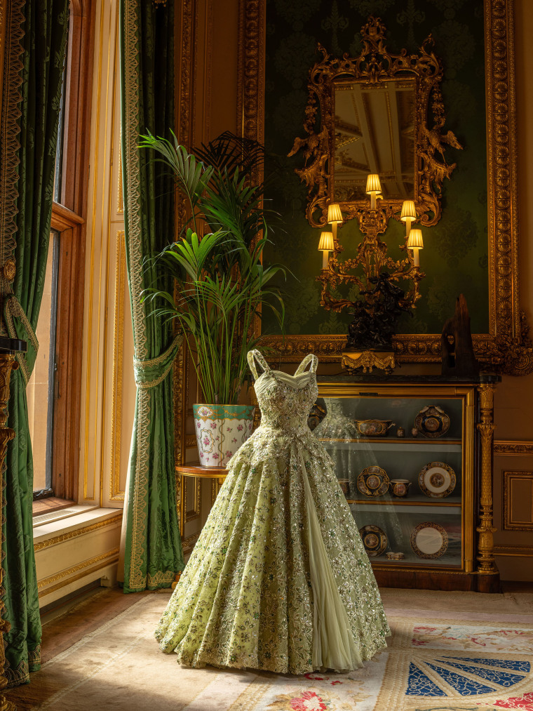 An evening gown by designer Norman Hartnell, which Queen Elizabeth II wore for a state banquet given for President Eisenhower at the British Embassy in Washington, D.C.