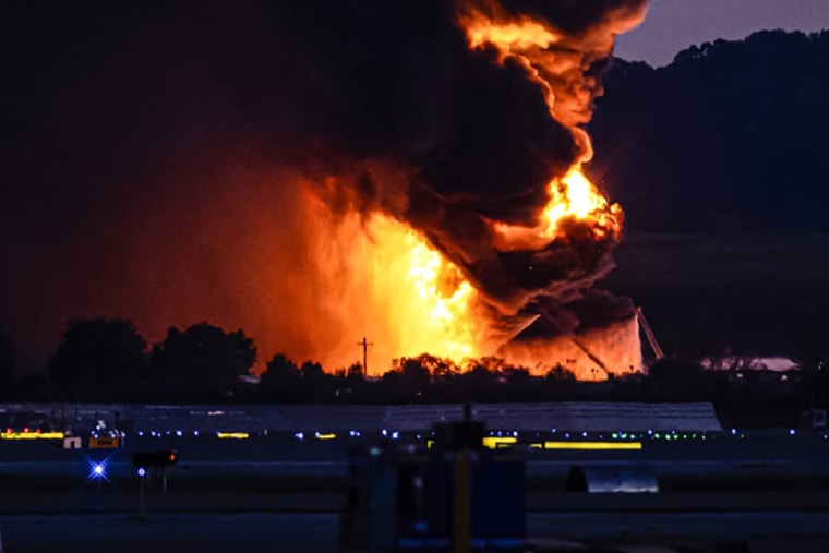 13 dead in UPS crash and 9 remain missing as officials examine black box data 1 A fireball erupts near airport property after reports of a plane crash at Louisville International Airport on Nov. 4, 2025, in Louisville, Ky.