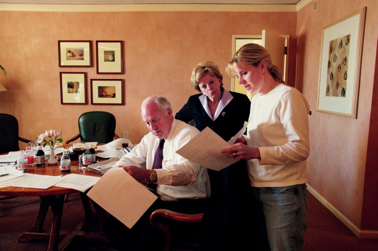 Then-vice presidential candidate Dick Cheney with his wife and his daughter the morning after the election on Nov. 8, 2000.