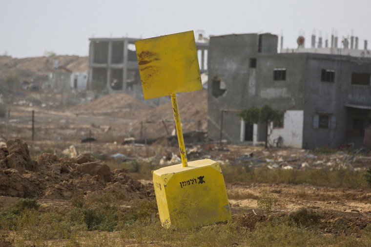 A general view of a concrete block marking the "Yellow Line" drawn by the Israeli military in Gaza.