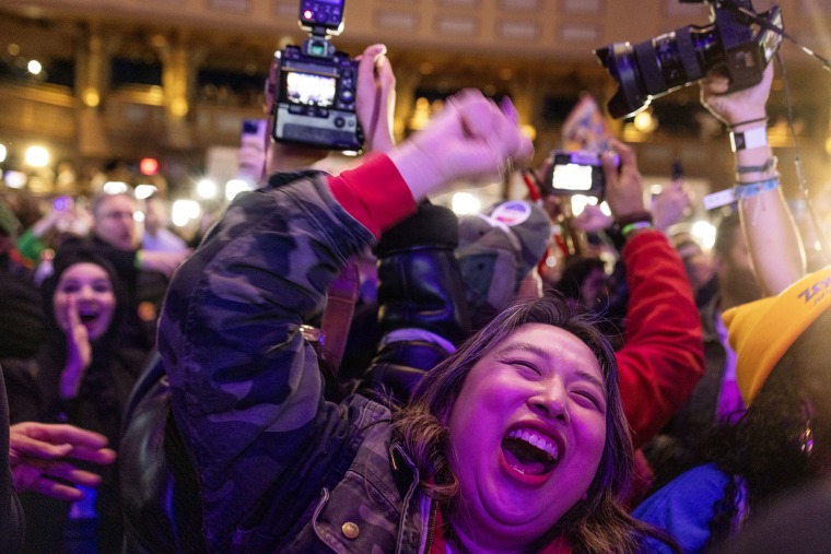 Supporters attend an election night watch party for New York City Democratic mayoral candidate Zohran Mamdani at the Brooklyn Paramount on November 4, 2025 in the Brooklyn borough of New York City.