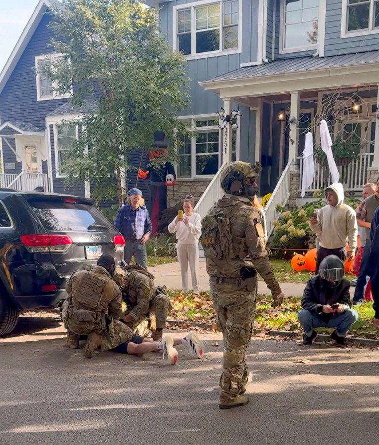 U.S. federal agents detain people in the Old Irving Park neighborhood of Chicago.