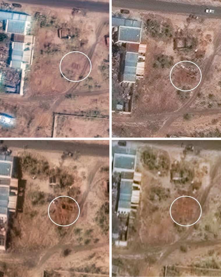 Images of a former children’s hospital in el-Fasher show the appearance of new disturbed earth consistent with a mass grave from Oct. 30, top left, to Nov. 3, bottom right.