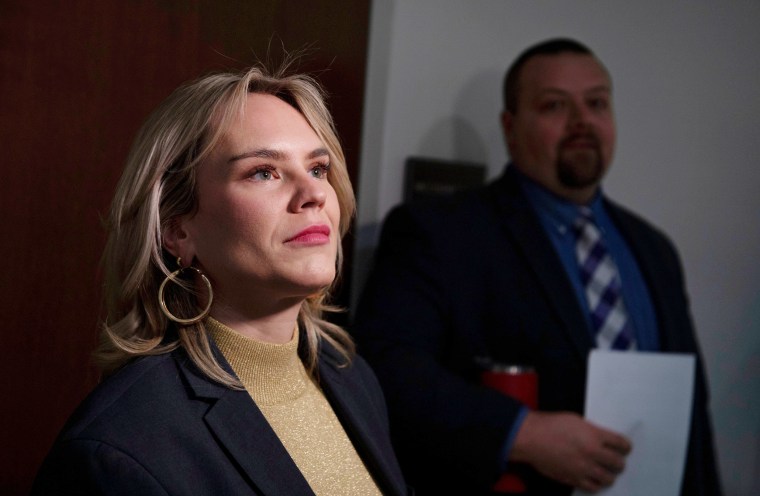 Tennessee state Rep. Aftyn Behn speaks to reporters in Nashville in 2024.