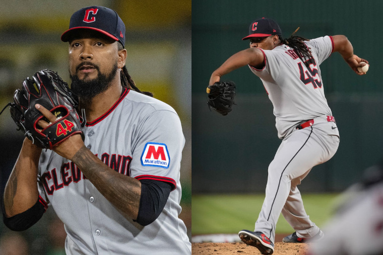 Cleveland Guardians pitchers Emmanuel Clase, left, and Luis L. Ortiz.