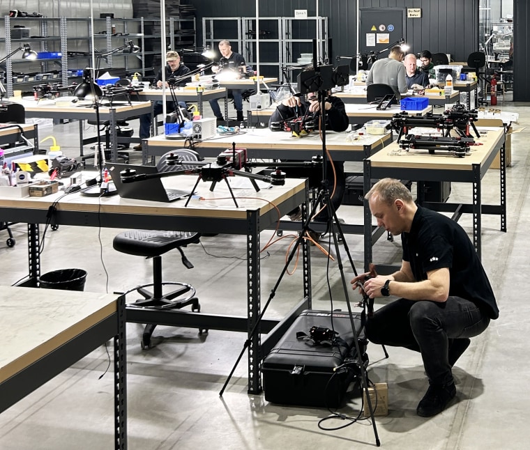Origin technicians work on interceptor drones at a factory in Riga, Latvia last week. 