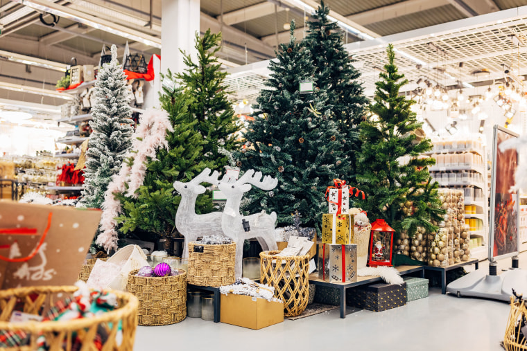 Decorations for New Year's and Christmas holidays on display in a department store