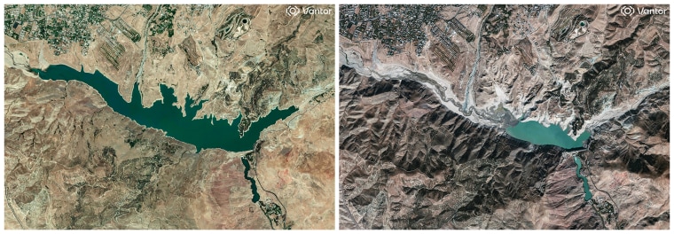 A combination picture shows satellite views of variations in the water level of the Latian Dam, in Lavasan