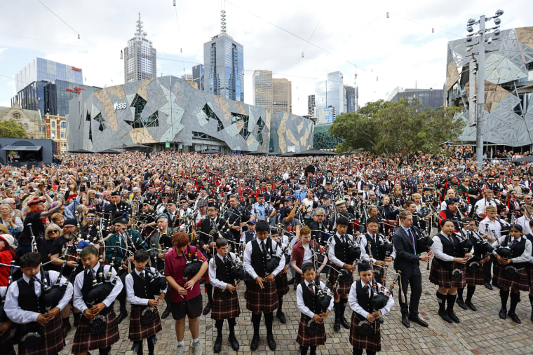 Bagpipers seen performing during a record-breaking attempt