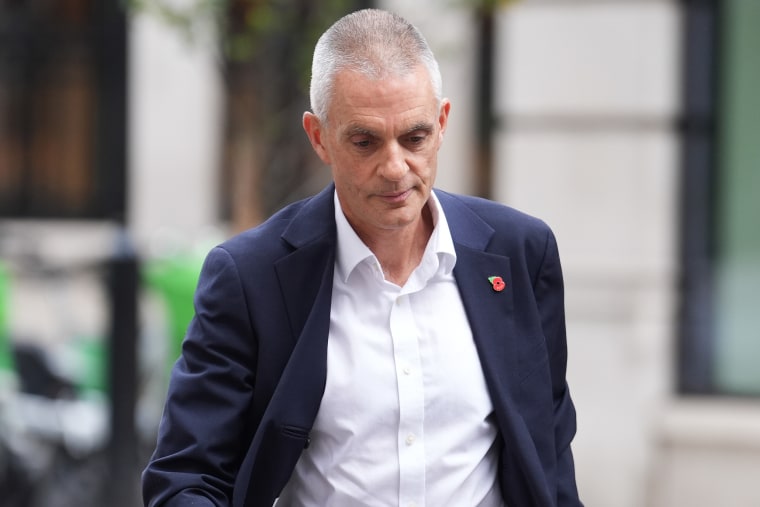 Outgoing BBC Director-General Tim Davie outside BBC Broadcasting House in London following his resignation.