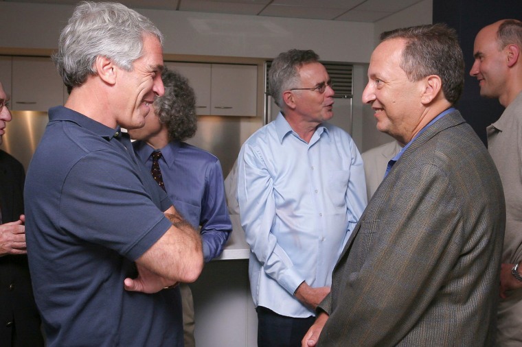 Jeffrey Epstein talks with Lawrence Summers at Harvard University in 2004.