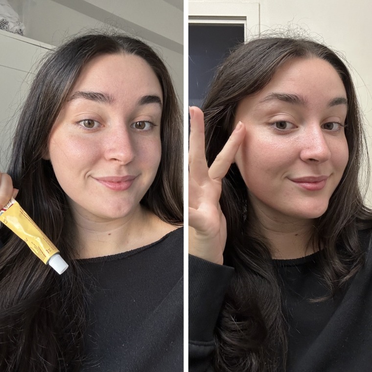 Cusacks with the Good Molecules Yerba Mate Wake Up Eye Gel unblended, and then blended under her eye.