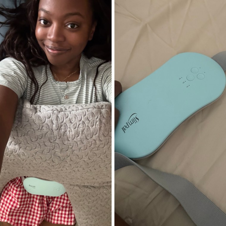 Aerial shot of Alabi wearing the Slimpal in bed; the Slimpal resting on Alabi’s bedsheets.