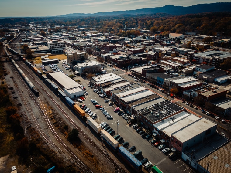 An aerial view of buildings and roads in Dalton, Ga.