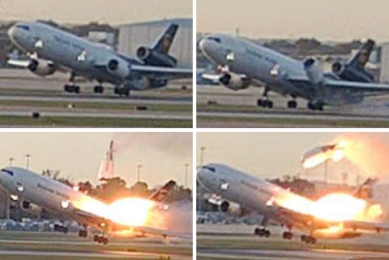 Airport surveillance video of the UPS airplane that crashed in Louisville, Ky., on Nov. 4, 2025, shows the left engine and pylon separating from the wing during takeoff.