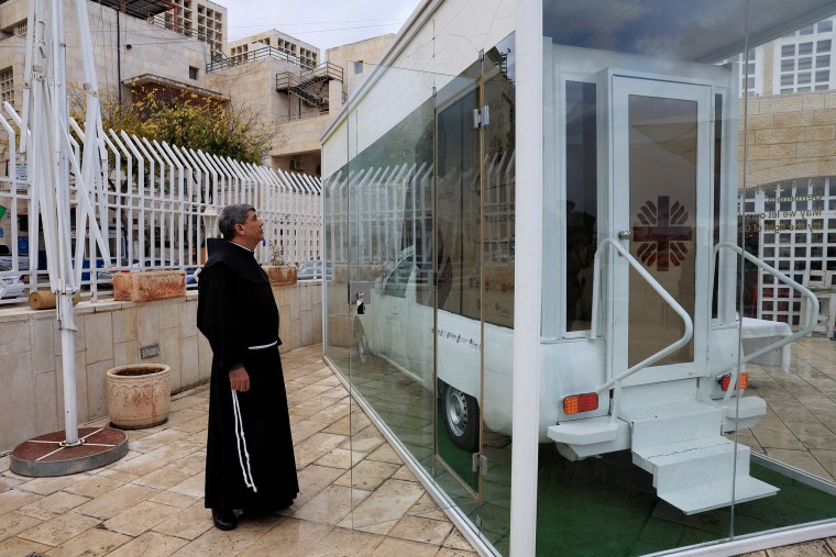 Vehicle of Hope, the former popemobile used by Pope Francis which has been transformed into a fully equipped mobile clinic, in Bethlehem