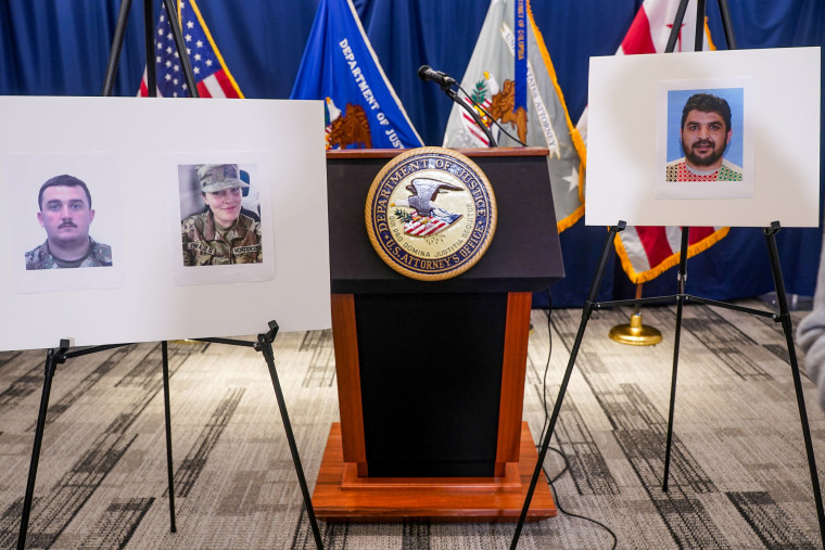 Pictures of National Guard members Andrew Wolfe and Sarah Beckstrom are displayed next to a picture of the suspect of the shooting, Afghan national Rahmanullah Lakanwal