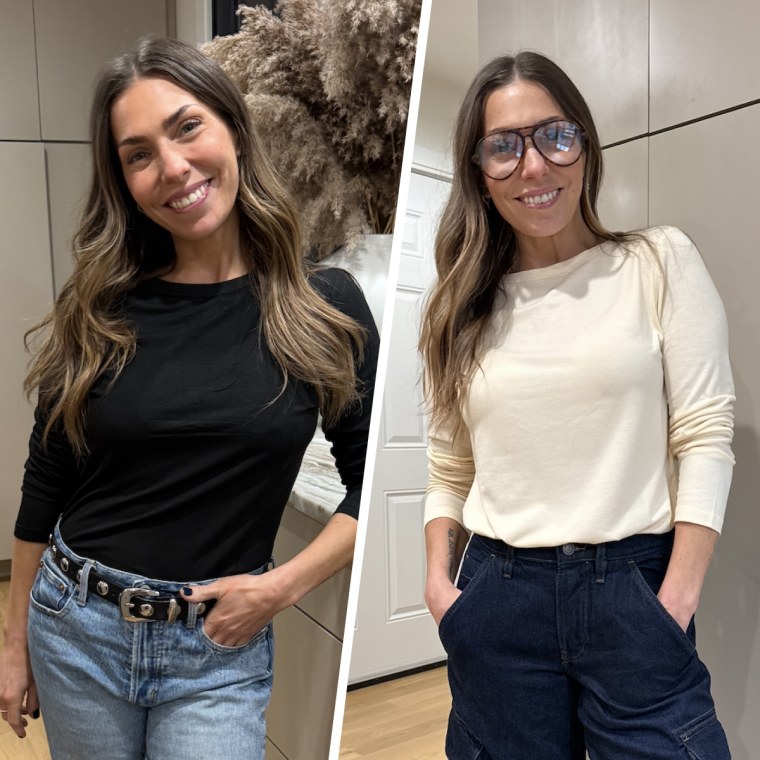 Shop TODAY contributor Melissa Garcia models the Sunbs Women's Loose Fit Long Sleeve Shirts.