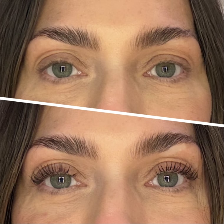 Shop TODAY contributor Melissa Garcia before and after applying the Essence Lash Princess mascara from the brand's Holiday Gift Set.