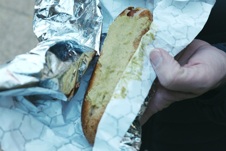 A "Correct Choice" Shysters hot dog.