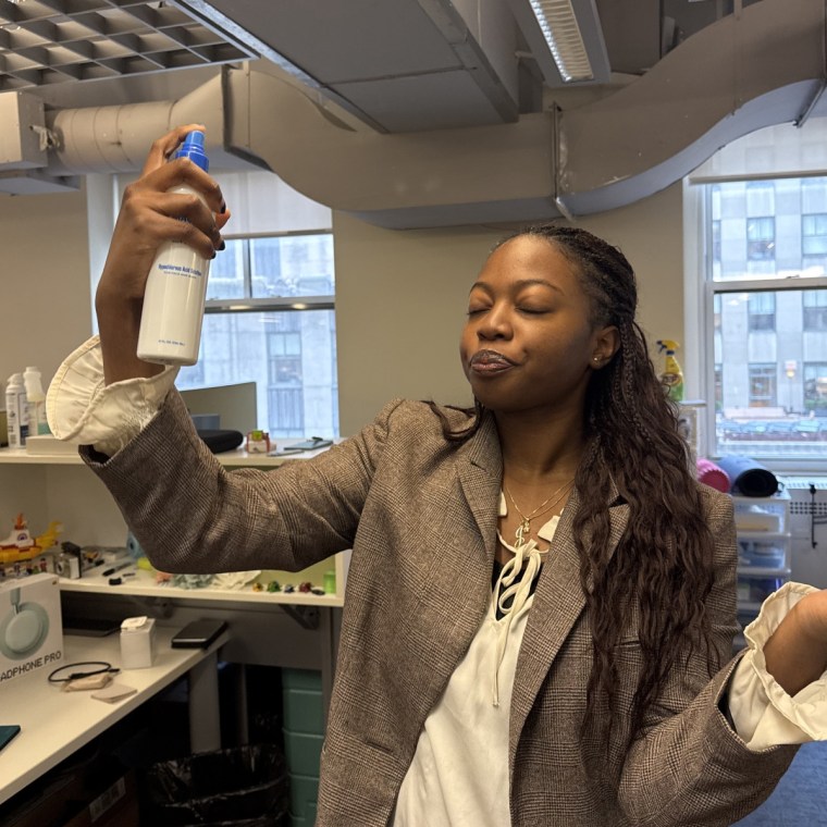 Two photos of a woman smiling while spraying the Magic Molecule Hypochlorous Acid Spray.