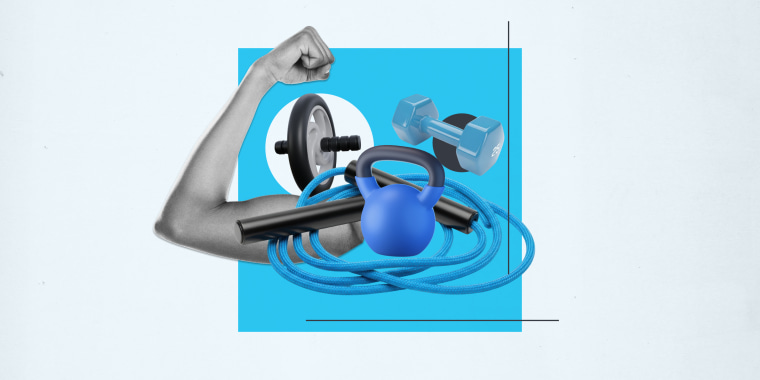 collage of exercise equipment on blue background