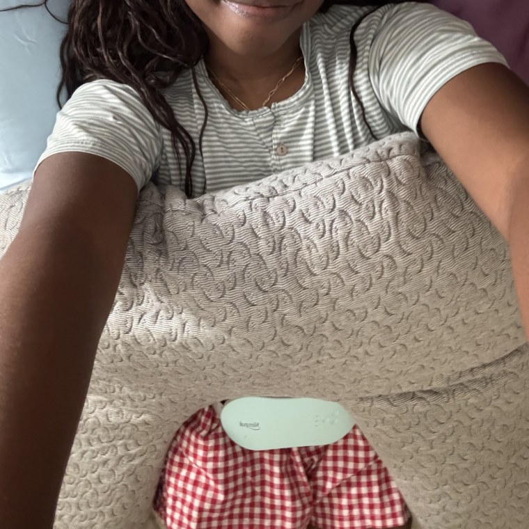 Side-by-side photos of woman lying down in bed holding a pillow with a Slimpal around her waist. Close-up of Slimpal laying flat on a bed.