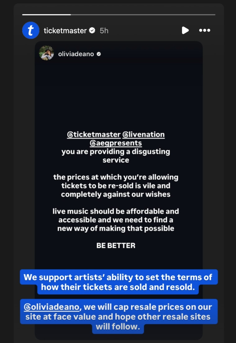 Ticketmaster responds to Olivia Dean's Instagram story.
