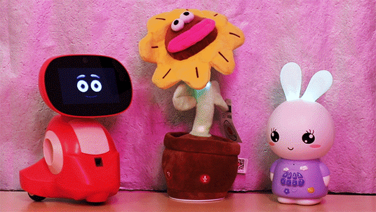 NBC News purchased and tested five popular AI toys, including, from left, Miko 3, FoloToy Sunflower Warmie and Alilo Smart AI Bunny.