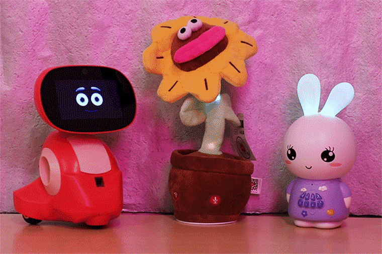 NBC News purchased and tested five popular AI toys, including, from left, Miko 3, FoloToy Sunflower and Alilo Smart AI Bunny.