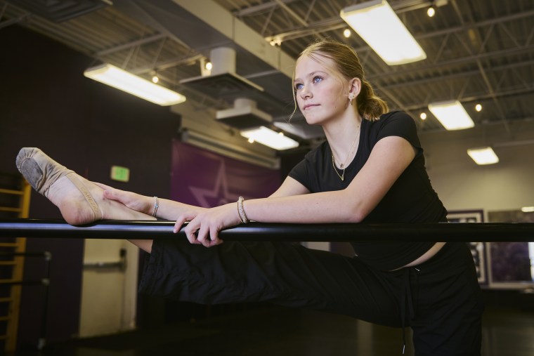 Vivian Kathryn Hukriede, 12, trains at her dance studio in Centennial, Colo.