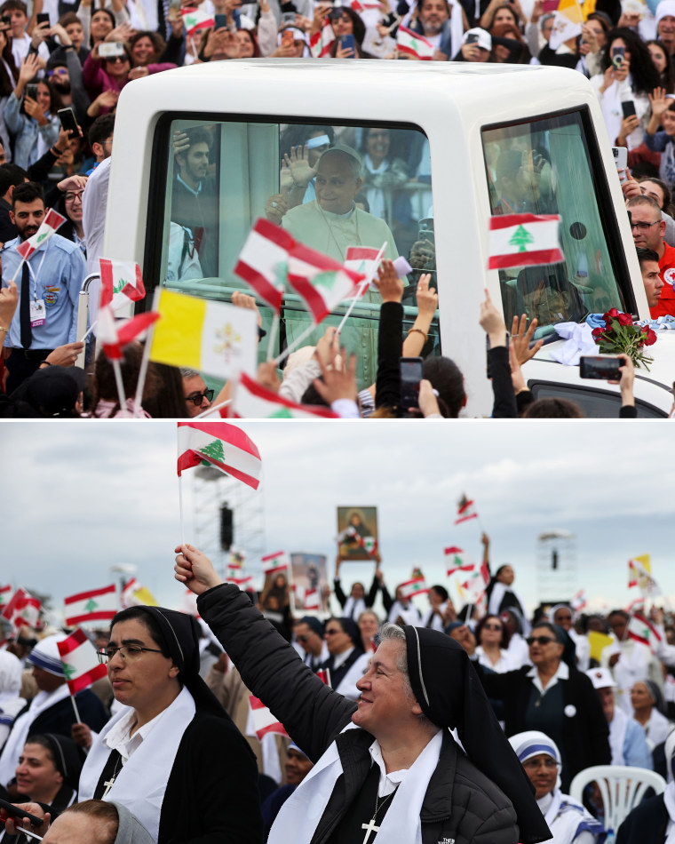 Pope Leo waves to the faithful as he arrives in his popemobile to deliver a mass at Beirut's waterfront Tuesday.
