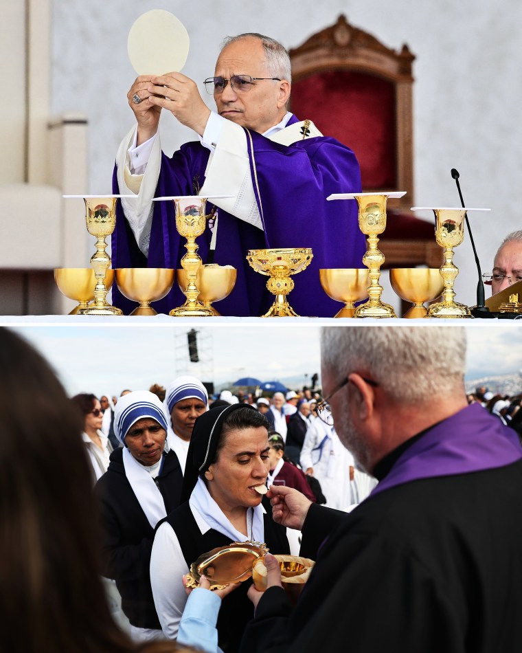 Pope Leo XIV leads mass, top, and worshipers receive communion, in Beirut, Lebanon on Tuesday.