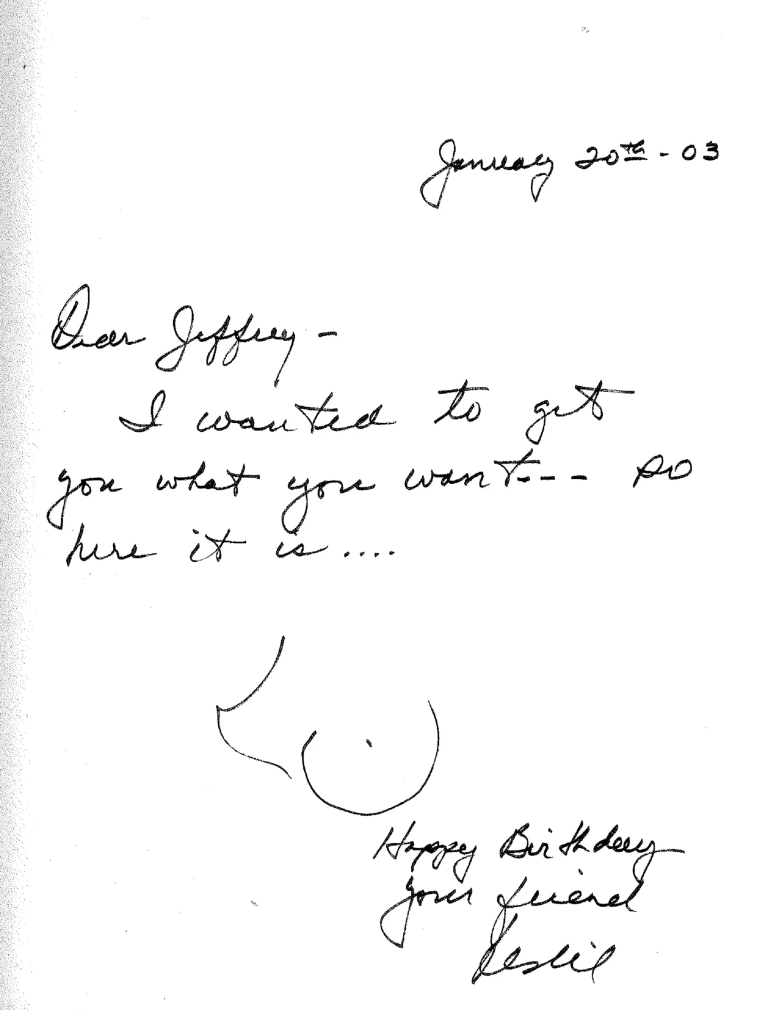 A note and drawing dated January 20, 2003 were reportedly created by Les Wexner for Jeffrey Epstein’s 50th-birthday book.