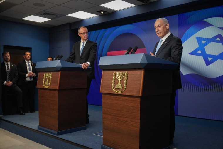 Israeli Prime Minister Benjamin Netanyahu speaks at a joint news conference with German Chancellor Friedrich Merz in Jerusalem on Sunday.
