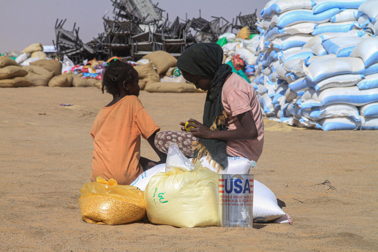 Sudanese girls who fled el-Fasher receive humanitarian aid at the al-Afad camp for displaced people in the town of al-Dabbah, northern Sudan, on Nov. 25.