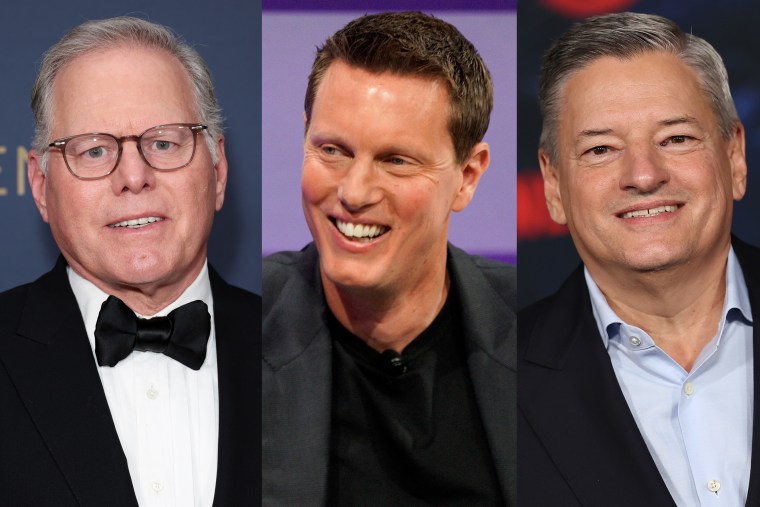 CEO da Warner Bros. Discovery, David Zaslav; David Ellison, CEO da Paramount Skydance; Co-CEO da Netflix, Ted Sarandos. 