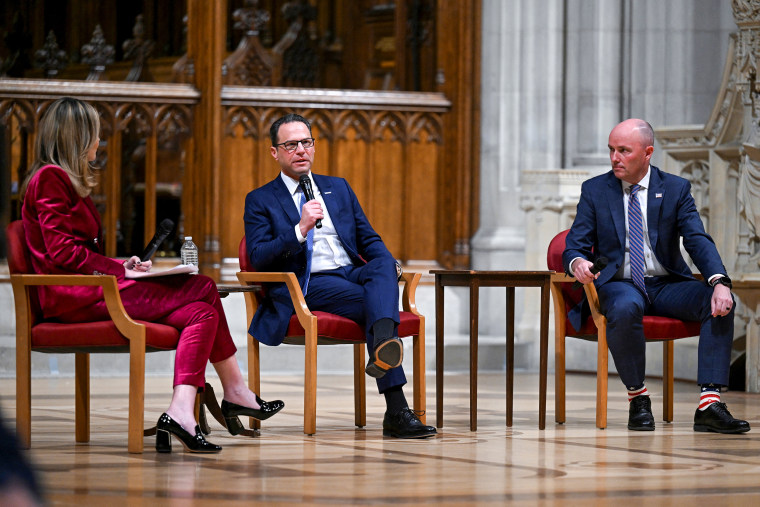 Utah Governor Spencer Cox and Pennsylvania Governor Josh Shapiro attend a forum at at the Washington National Cathedral.