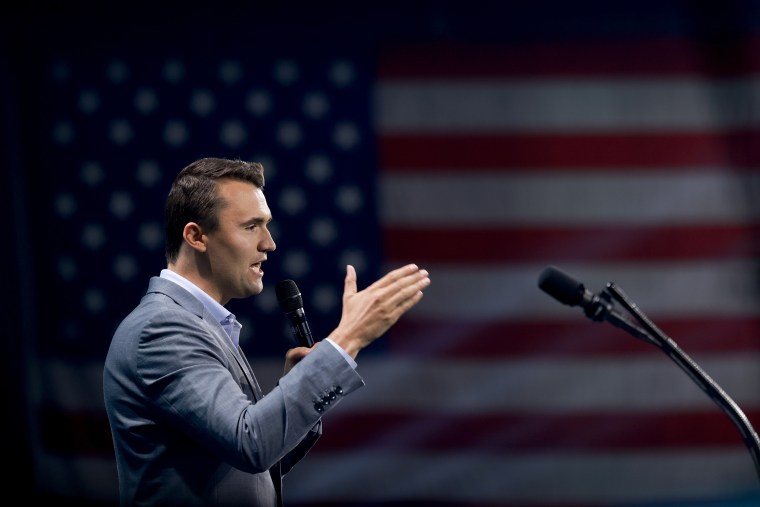 Charlie Kirk speaks before former President Donald Trump's arrival during a Turning Point USA Believers Summit conference at the Palm Beach Convention Center on July 26, 2024 in West Palm Beach, Fla.