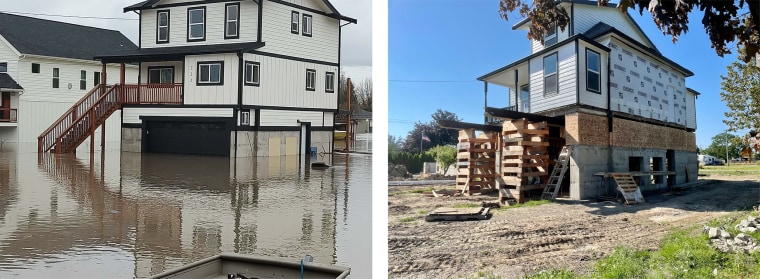 Images: Julieta Garcia-Suarez's house during the flooding in 2021 (left) and undergoing construction to raise the house 10 feet in 2025 (right).