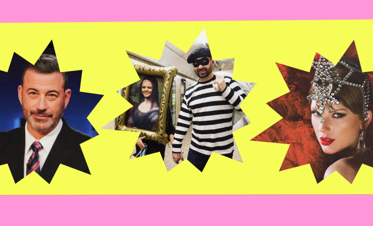 From left to right: host and comedian Jimmy Kimmel; the Louvre heist depicting as a Halloween costume; Taylor Swift on the cover of her latest album, "The Life of a Showgirl."