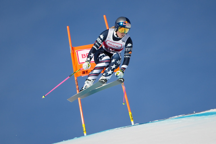Lindsey Vonn takes air during downhill event