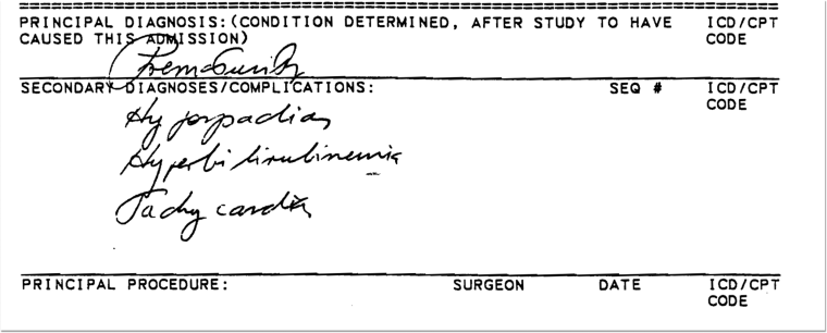 Handwriting reads: Prematurity, Hypospadias, Hyperbilirubinemia, and Tachycardia
