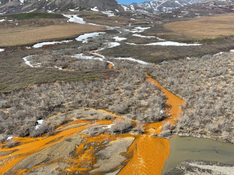 An orange tributary of the Kugororuk River in the Brooks Range of northern Alaska.