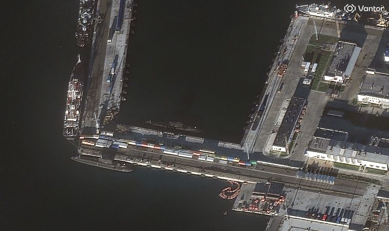 Blast damage in the lower left section of a quay in the Russian Black Sea port of Novorossiysk on Tuesday.