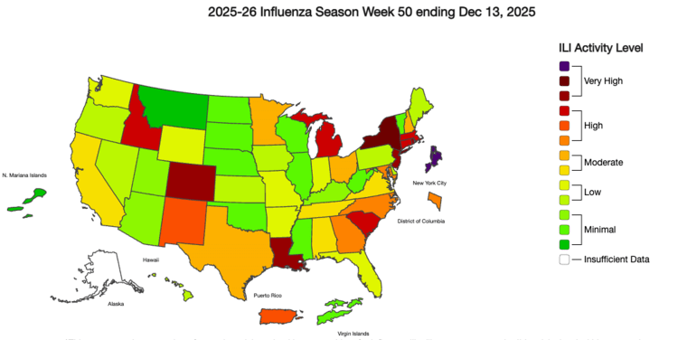U.S. map showing flu spread, ending Dec. 13.