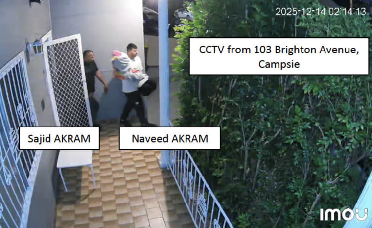 Court documents released Monday by police include a variety of images of Naveed Akram and his father, Sajid Akram, such as the above CCTV footage of them carrying long and bulky items wrapped in blankets on the morning of the shooting.