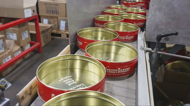 Empty fruitcake tins at Colin Street Bakery.