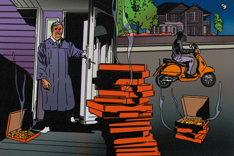 Illustration of a judge opening the front door of his home to a stack of steaming pizza boxes, while a masked delivery man rides away on a scooter.